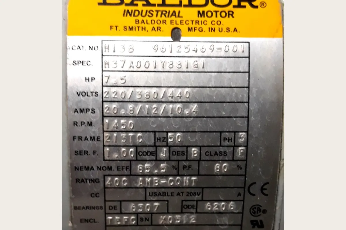 Motor Name Plate for bearings, rotating equipment and mechanical spares, team-handled supply reference